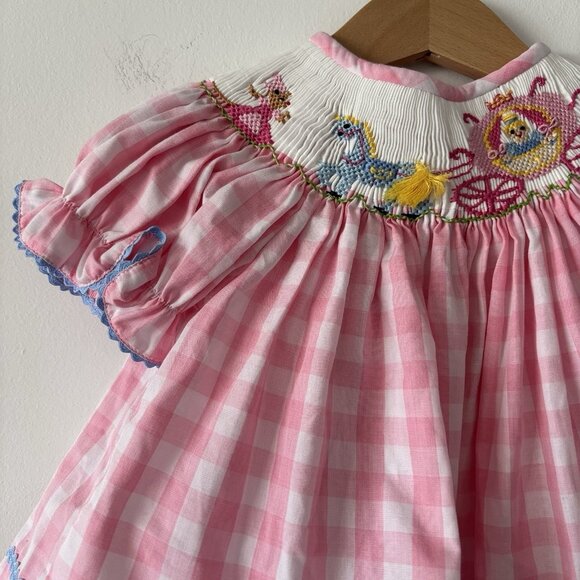 Vive La Fete Smocked Princess Dress Carriage Pink Gingham Baby Size 6 Months NWT - Picture 5 of 14